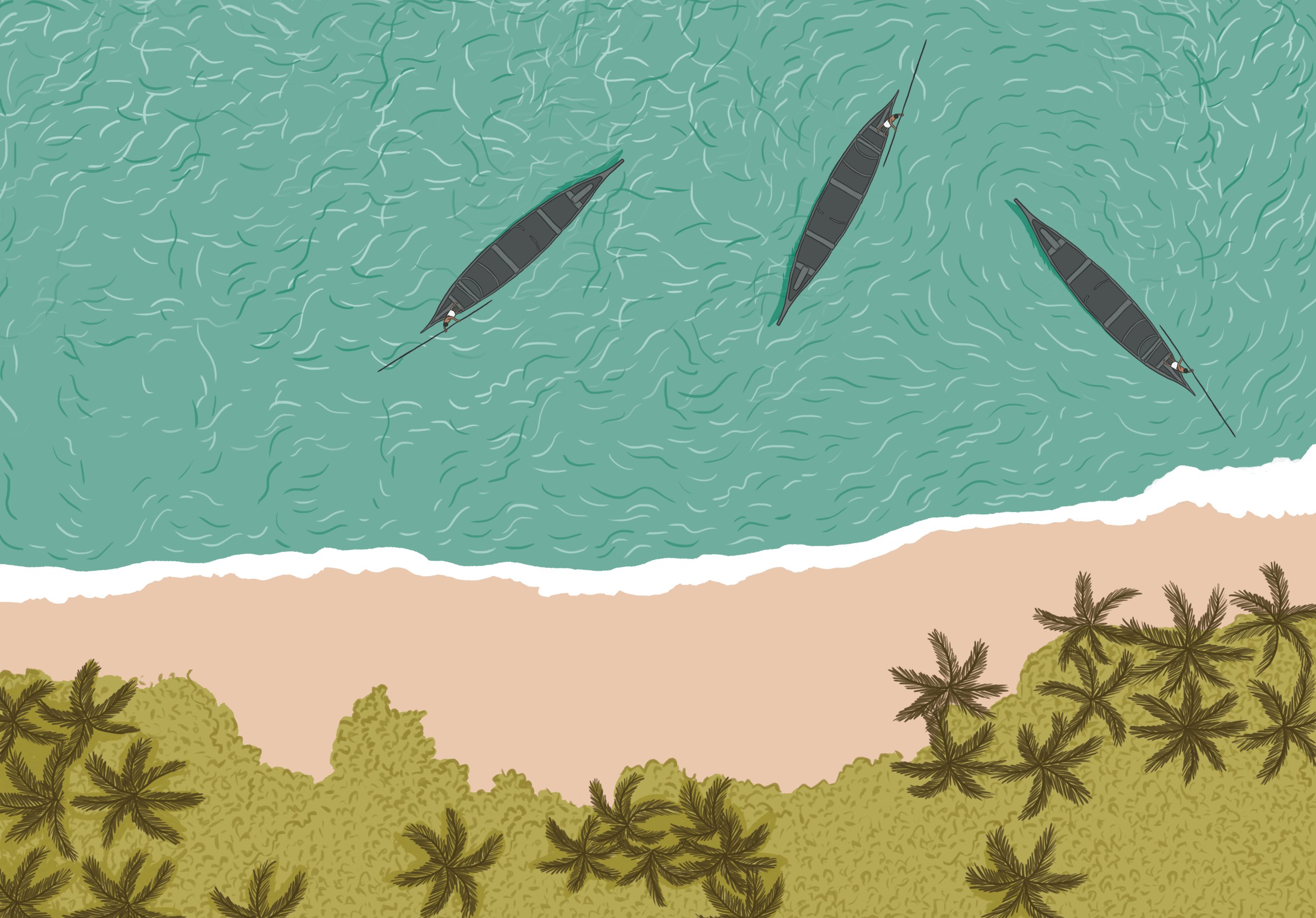 Illustration of the Kerala coastline with fishing canoes on the backwaters
