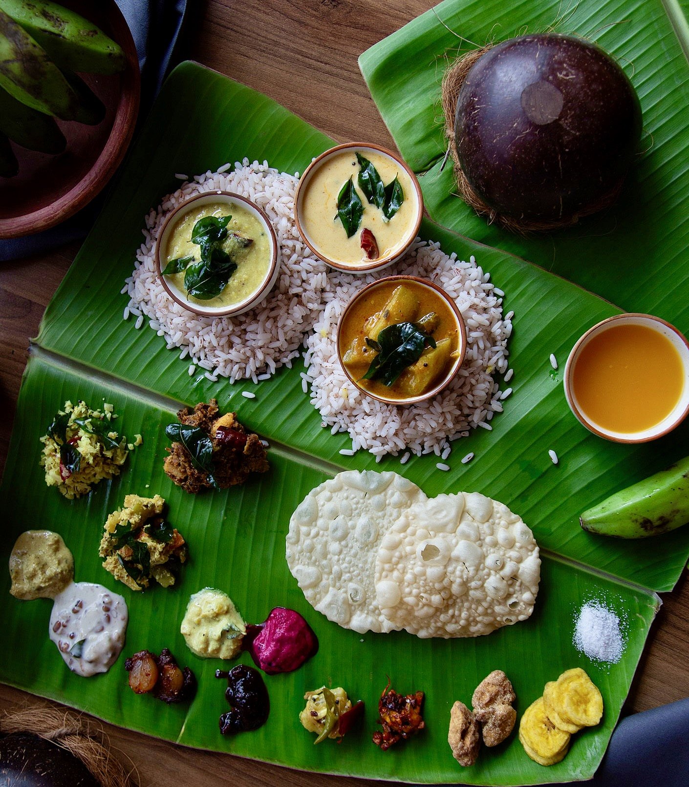 An Onam Sadhya served on a banana leaf